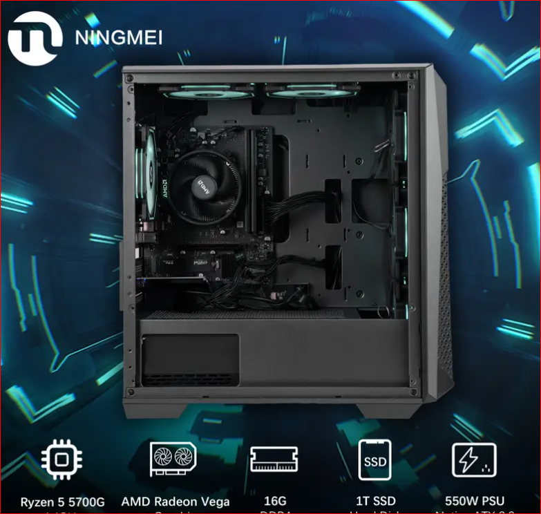 Ningmei Gaming Desktop Computer with AMD Ryzen 7 5700G, Radeon Vega8, 16GB DDR4 Memory, 1TB SSD, 6 RGB Fans, for Gaming & Office