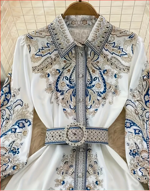 Elegantna ženska haljina sa vintage cvetnim printom i pojasom