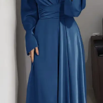 Elegantna ženska haljina s puf rukavima i okruglim izrezom - satenski završetak, plava boja, A-kroj, za proljeće/jesen, svestrana formalna i ležerna odjeća, glatka sjajna tkanina
