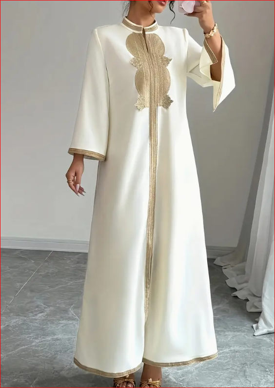 Jednobojna srednjoistočna ženska vezena haljina sa dugim rukavima i čipkom, elegantan stil