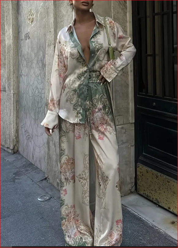 Ženski elegantni komplet od široke košulje i hlača s cvjetnim printom