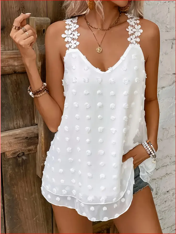 Ženska elegantna bluza bez rukava s V-izrezom i čipkastim obrubom