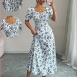 Ženska elegantna plavo-bijela midi haljina s cvjetnim printom