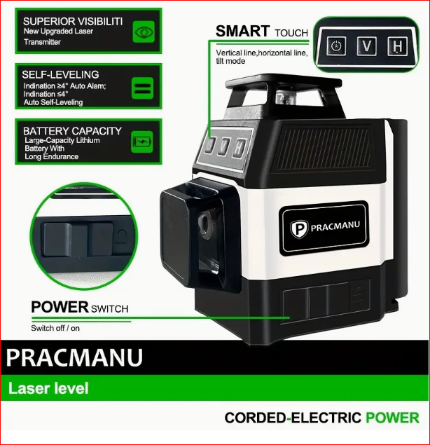 PRACMANU Mini 12-linijski horizontalni laserski nivelir, gumeni samonivelirajući